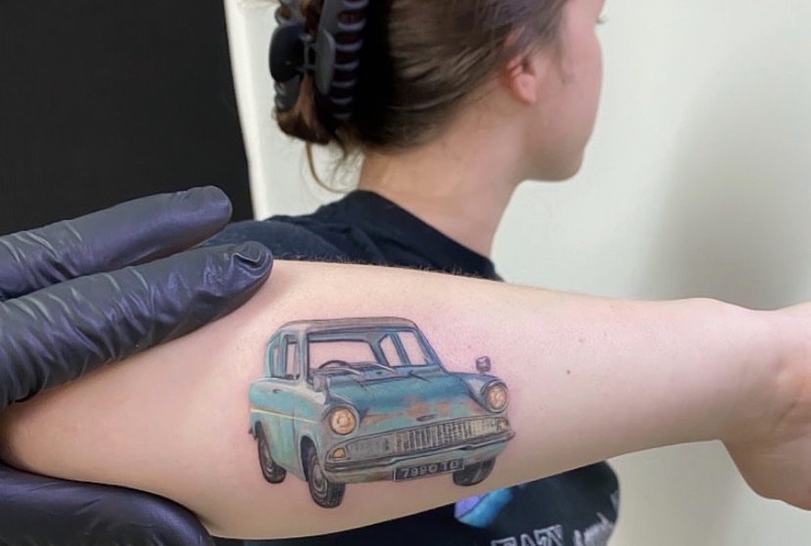Vintage car tattoo by Jake Bebout at Snafu Tattoo Studio in Wilmington NC