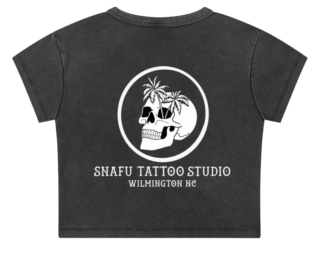 Washed charcoal Snafu Tattoo Studio Wilmington NC skull graphic tee
